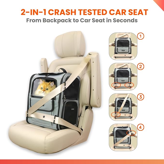 Crash-Tested Multi-Window & Expandable Cat Backpack Carrier | 2-in-1 Crash-Tested Portable Small Dog Car Seat & Pet Backpack Carrier | CPS Certified for Crash Protection & Safe Pet Travel