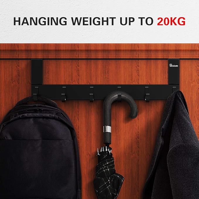 Door Hooks Hanger Rack, Aluminum Utility Organizer Holder for Kithchen Bathroom, 6 Hooks Over the Door Hanger Black