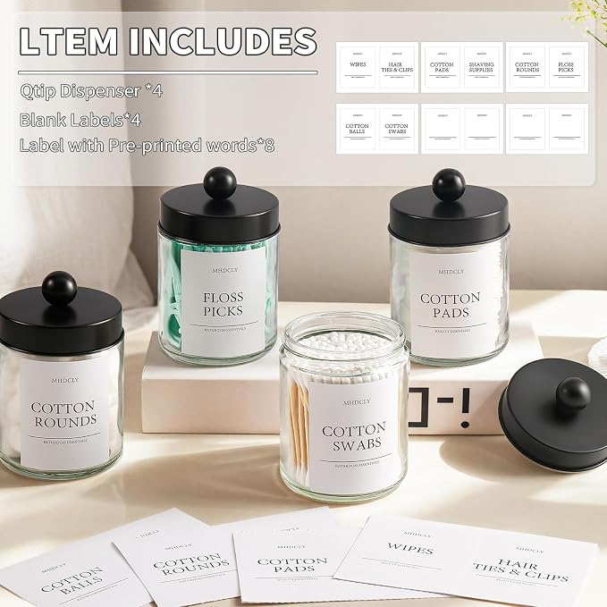 Bathroom Organizers and Storage,4 Pack,48 oz Total,Bathroom Accessories,Bathroom Decor,Bathroom Storage and Organization,Qtip Holder for Room Decor Aesthetic (Black lids)