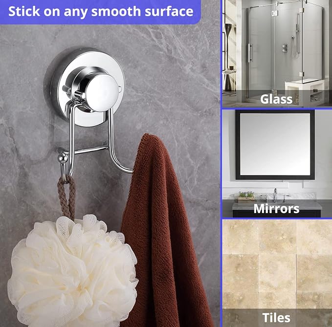 HOME SO Suction Cup Hooks for Shower & Bathroom Towel Holder 2-Pack – Suction Cups Hooks for Hanging Towels, Robes, & Coats - Tiles, Glass Door or Mirror – Shower and Towel Hooks - Chrome, Stainless