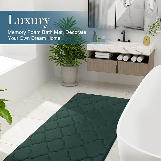 OLANLY Memory Foam Bath Mat Rug 36x24, Ultra Soft Bathroom Rugs, Dark Green | Thick Absorbent Carpet, Non-Slip Backing, Machine Washable, for Bathroom Floor, Tub, Shower and Home Decor Accessories
