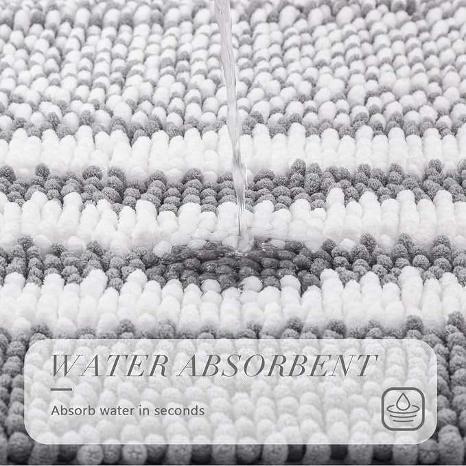 Large Bathroom Rugs Runner, 20x47 Chenille Bath Mats, Light Grey | Extra Soft Absorbent, Non Slip Striped, Quick Dry Machine Washable, Modern, Shower Rug for Bathroom Bedroom Decor