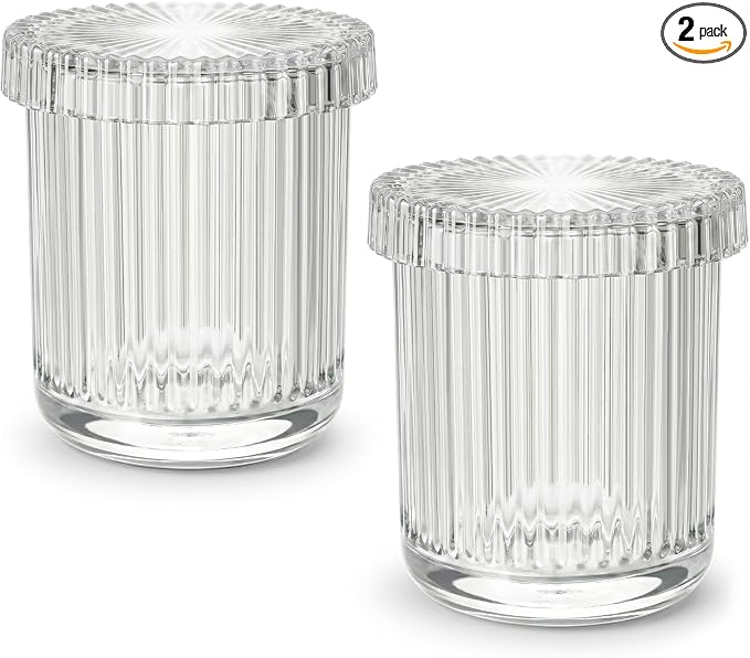 2 Pack Glass Qtip Holder Dispenser - Bathroom Organizers and Storage, Clear Apothecary Jars Set, Bathroom Essentials Accessories Decor, Vanity Makeup Storage Organizer (Clear)