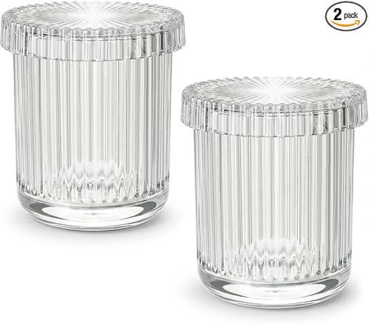 2 Pack Glass Qtip Holder Dispenser - Bathroom Organizers and Storage, Clear Apothecary Jars Set, Bathroom Essentials Accessories Decor, Vanity Makeup Storage Organizer (Clear)