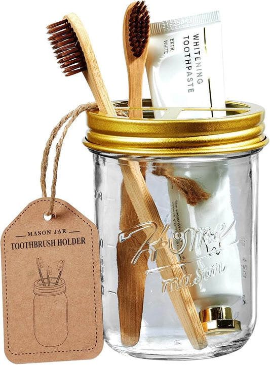 SheeChung Mason Jar Toothbrush Holders, Glass Toothbrush Holders for Bathroom, Bathroom Essentials, Mason Jar Bathroom Accessories Set, Bathroom Countertop Organizer-Gold