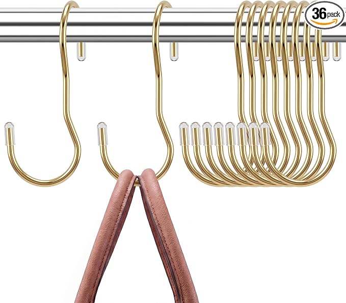 Hotop 36 Pcs Twist S Hooks for Hanging 3.94 Inch Heavy Duty Twist S Shaped Stainless Steel Hook Metal Hanging Curtain Hooks Pan Pot Holder Rack for Pot, Pan, Cups, Plants, Bags, Jeans, Towels (Gold)