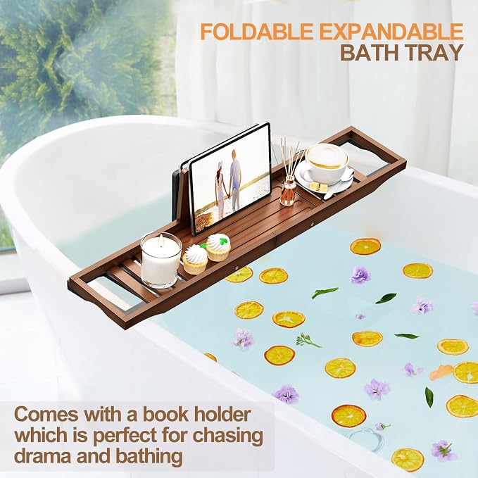 Bathtub Tray Caddy - Bath Tray - Bath Tub Table Tray Caddy - Bamboo Bath Tray for Tub