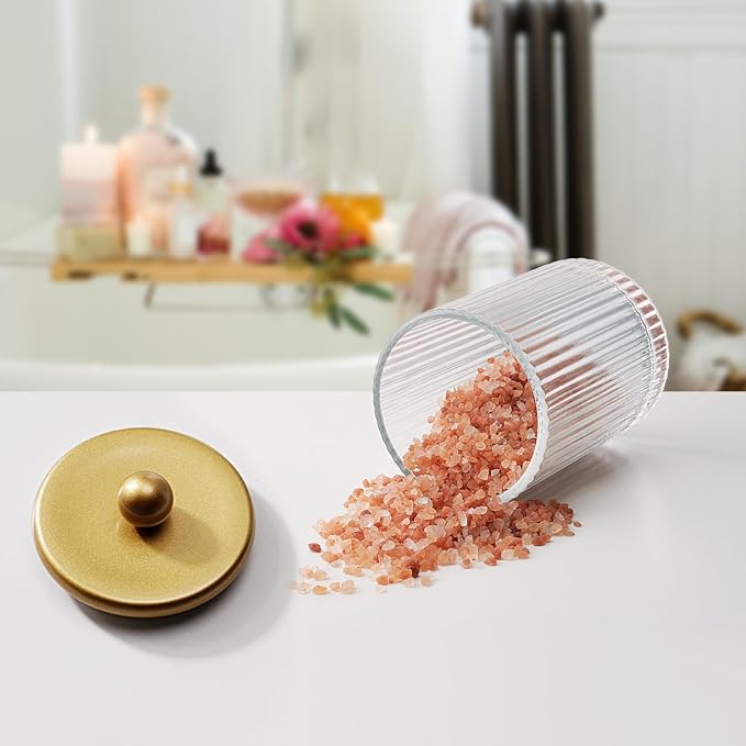 SheeChung 4 Pack Gold Ribbed Glass Qtip Holder with Metal Lids | Apothecary Jars Bathroom Organizer Countertop Vanity Canister Set for Cotton Swabs, Rounds, Floss Picks-Modern Luxury Decor