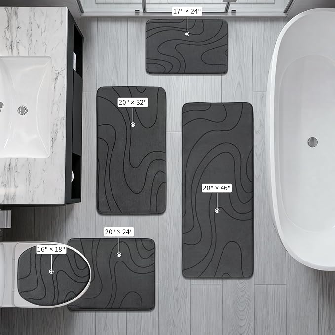 YIHOUSE Bathroom Rugs Sets 5 Piece - Thick Memory Foam Bath Mat, Dark Grey | Ultra Soft, Extra Thick, Super Absorbent, Non Slip, Machine Washable, For Bathroom Floor & Tub, 5 Pieces