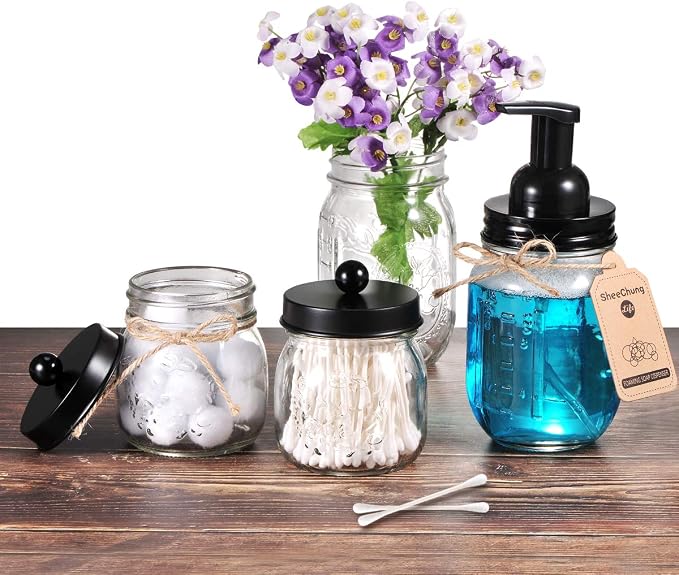 SheeChung Small Glass Mason Jar Qtip Holder with Black Stainless Steel Lid | Clear Apothecary Jar Canisters Set,Bathroom Jar Dispenser,Vanity Storage Organizer for Cotton Swab,Ball,Floss,Farmhouse Decor