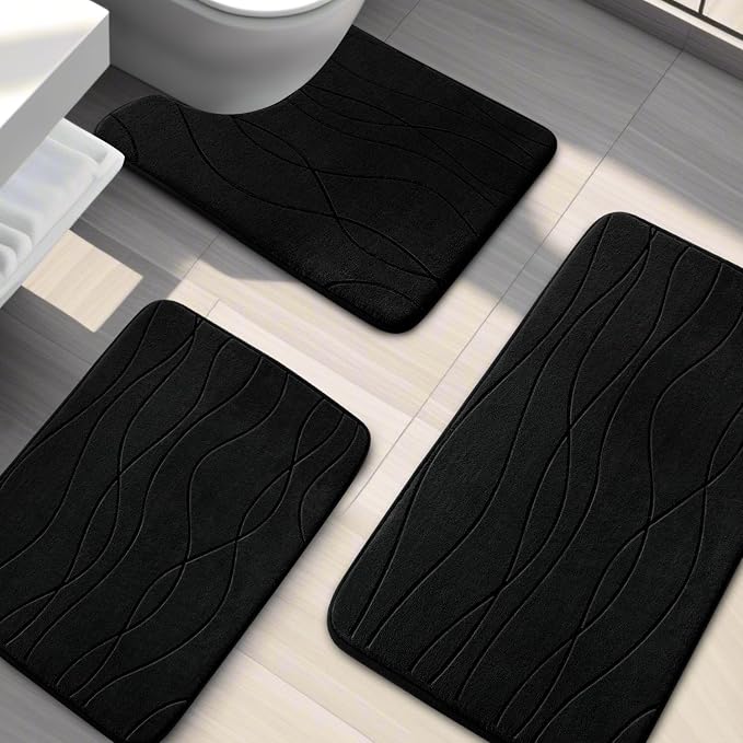 Bathroom Rugs Set 3 Piece, Memory Foam Bath Mat Black | Ultra Soft, Absorbent, Non-Slip, Machine Washable, for Bathroom, Sink and Toilet
