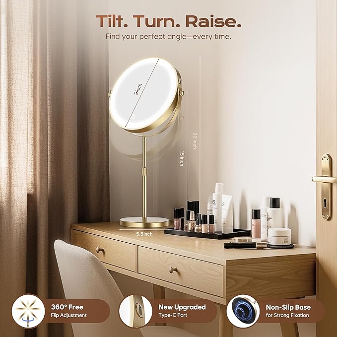 Dienmern Lighted Makeup Mirror, 1X/20X Double-Sided Magnifying Vanity Mirror with Lights, 360° Rotation, 5000mAh Rechargeable Adjustable Brightness with 3 Colors for Dorm, Living Room, Women Gift