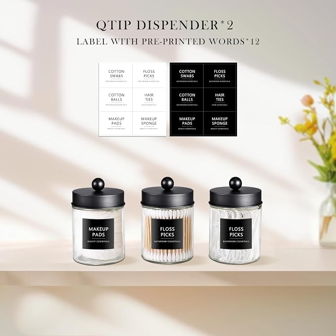 SheeChung 2 Pack Glass Qtip Holder with Black Stainless Steel Lids | Apothecary Jars with Stickers, Modern Farmhouse Bathroom Vanity Organizer for Cotton Swabs, Balls, Pads