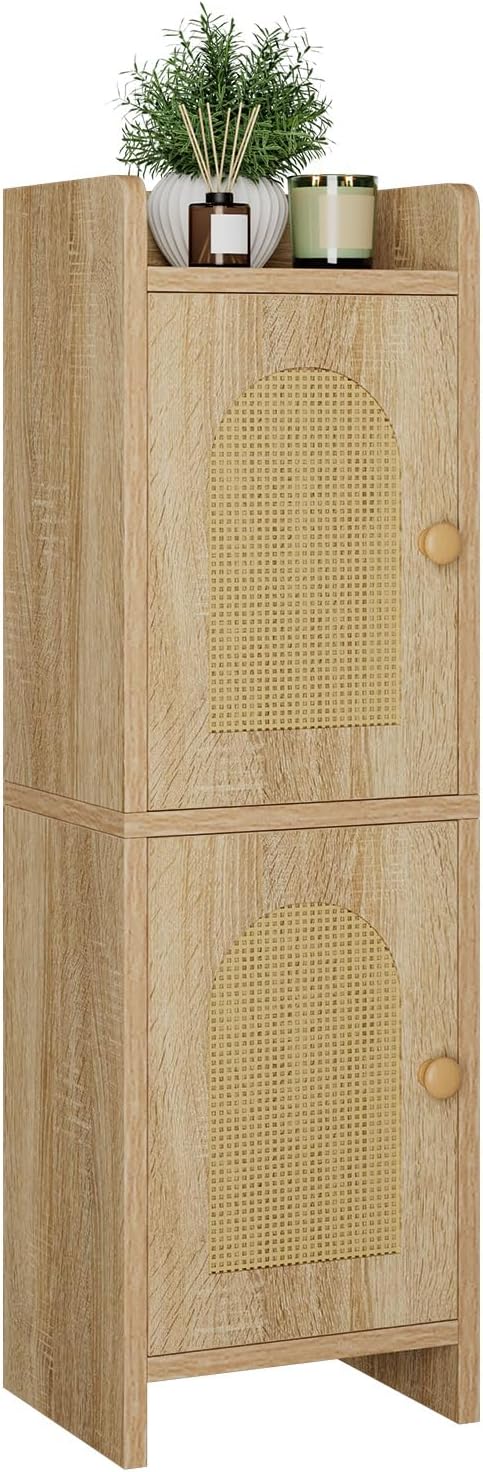 IBUYKE Small Bathroom Storage Cabinet with Rattan Door, Narrow Toilet Paper Storage Holder,Floor Cabinet with Adjustable Shelves, Space-Saving Organizer for Toiletries UWBS001N