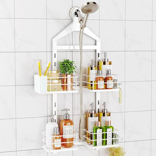 ODesign 2 Tier Height-Adjustable Shower Caddy Hanging Anti-Swing-Over The Shower Head Caddy-Storage Organizer Bathroom Shelves Basket-White