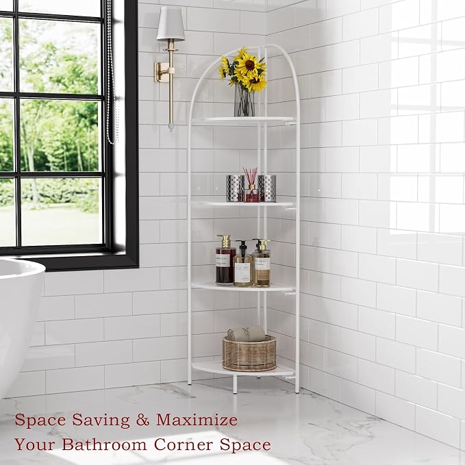 Crofy Foldable 4 Tier Corner Shelf, Metal Corner Plant Stand with White Frame and White Shelves, Corner Display Rack Multipurpose Shelving Unit for Living Room, Bedroom, Bathroom