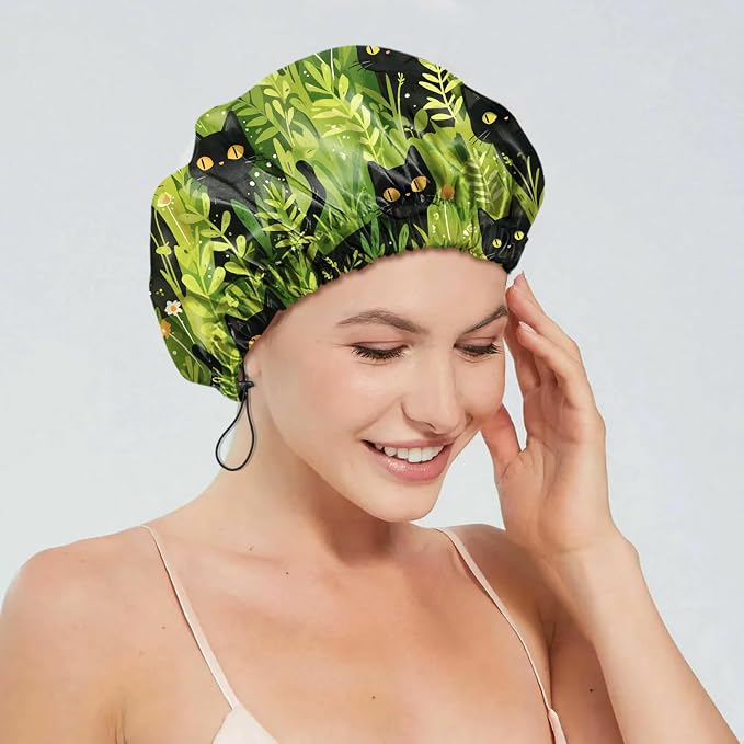 2 PCS Shower Cap Reusable Waterproof Double Layers Hair Caps Shower Bath Adjustable Elastic Hat for Women Girls Cute Aesthetic-Grass Black Cat