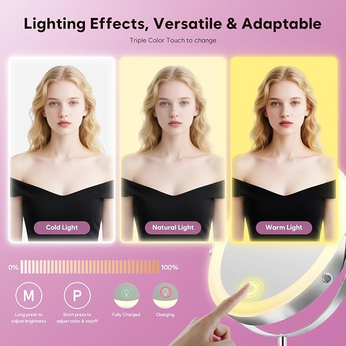 30X Makeup Mirror with Lights, Brightness Adjustable with 3 Colors, Double Sided Magnifying Mirror with 360° Rotation, Lighted Makeup Mirror with Magnification, Ideal Gift for Women -Nickel