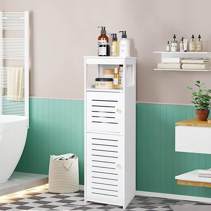 VOGGV Bathroom Storage Cabinet, Bathroom Floor Cabinet Freestanding 1 Doors and Shelves for Home Kitchen, Living Room and Hallway, 29.5 * 8.66 * 7.87in, White