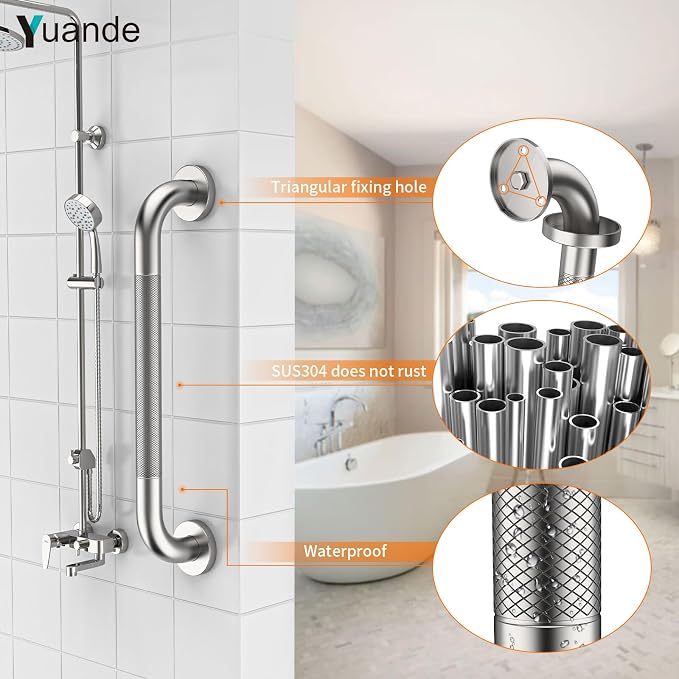 20 Inch Polished Chrome Shower Grab Bar with Anti-Slip Knurled Grip,YuanDe Stainless Steel Bathroom Grab Bars，Shower Handrail Support, Handicap Elderly Balance Assist Handles