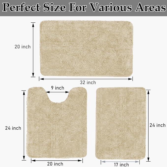 RUN HELIX Bathroom Rugs Sets 3 Piece, Luxury Microfiber Extra Soft Bath Rugs Set, Absorbent Water Shaggy Bath Mats, Non-Slip TPR Backing, Machine Washable, for Bathroom, Tub and Shower, Beige