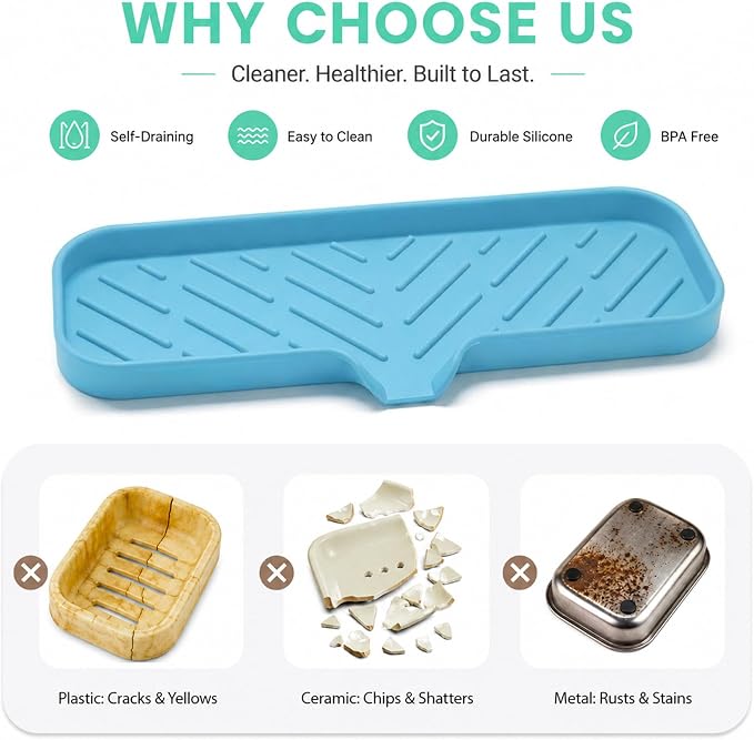 MicoYang Silicone Soap Dish with Drain Spout — Self-Draining Double Sink Organizer Tray for Kitchen & Bath, Dispensers, Sponges & Soap Holder, Non-Slip & Dishwasher Safe, Light Blue (Large, 12"×4")