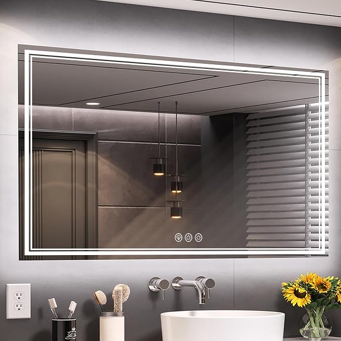 Ratsamee 55x30 Inch LED Bathroom Mirror with Frontlit & Backlit, Lighted Mirror for Bathroom Wall with 3-Color Dimmable & Anti-Fog, Vanity Mirror with Lights