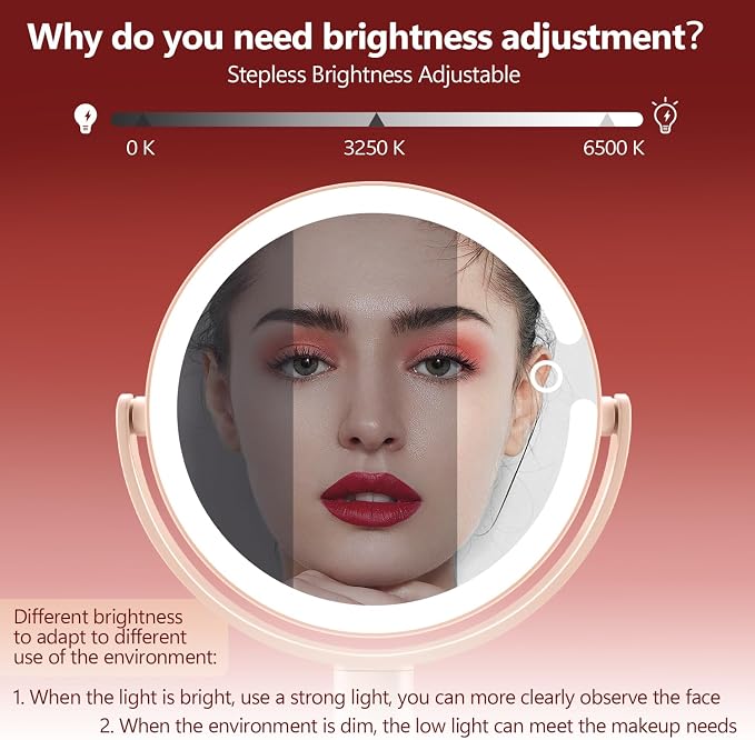 MIYADIVA Makeup Mirror with Lights,20X Magnifying Mirror with Light and Touch Switch,Vanity Mirror with 3 Color Light and 80 LEDs,2-Sided Lighted Magnified Mirrors 8.8 Inches, Pink