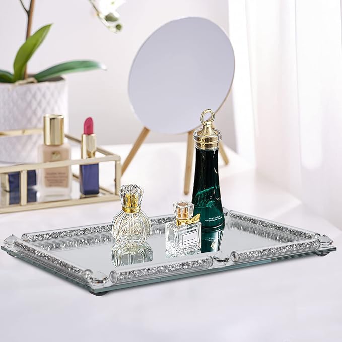 Mirror Perfume Tray for Dresser,Crushed Diamond Filled Glass Vanity Tray,Decorative Bathroom Tray,Crystal Tray for Home Decorative,Party,Hotel Banquet,11.8"x 7.9"x1.2",Silver
