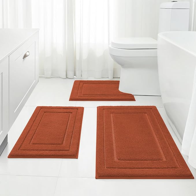 HOMEIDEAS Burnt Orange Bath Rugs Set of 3, Non Slip Bath Mats | Super Absorbent, Plush Microfiber, Machine Washable, Stain Resistant, Easy Care, Perfect for Modern Bathroom Decor