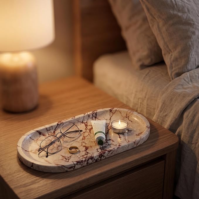 YKAJO Calacatta Viola Pink Oval Marble Tray, 11.8x5.9 Perfume Organizer | Honed natural stone; jewelry & trinket dish, ring & key holder, soap & candle catchall; bath counter, dresser, coffee table