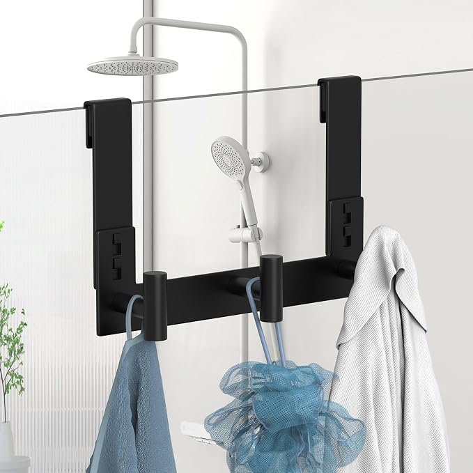 Extended Robe Door Hooks, Heavy Duty Stainless Steel Towel Hooks for Frameless Glass Shower Doors, Towel Hanger Rack, Shower Hooks for Bathroom (Black-3 Hooks, 1 Pack)