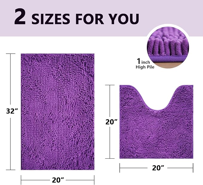 BOANKODU Bathroom Rug Set, 2 Piece Chenille Bath Mat, Non-Slip, 32x20 Inch + 20x20 Inch U Shape, Machine Washable (Violet)