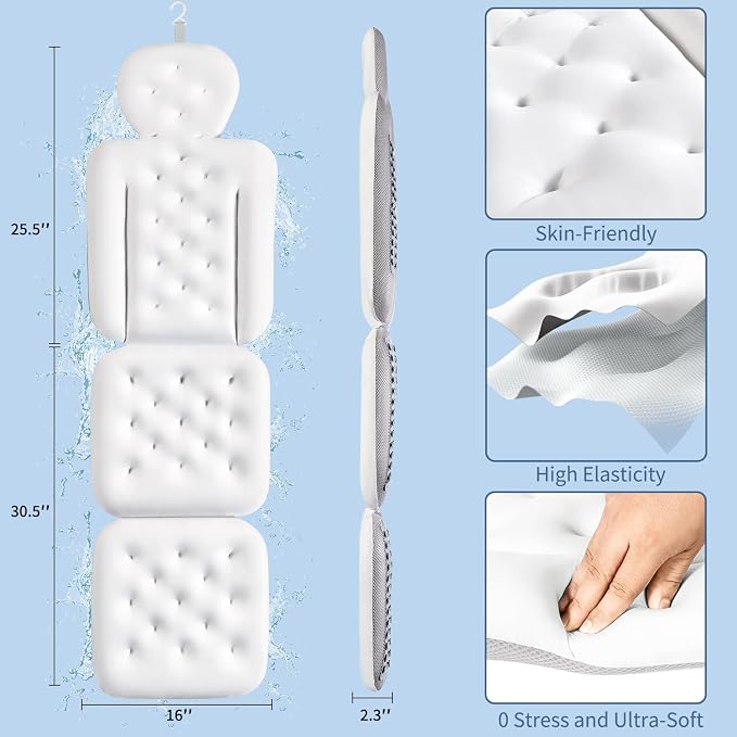 Luxury Bath Cushion, Full Body Bathtub Pillow with 160 Suction Cups, Bath Mat for Head and Neck Support, with Laundry Bag (White, 56" x 16")