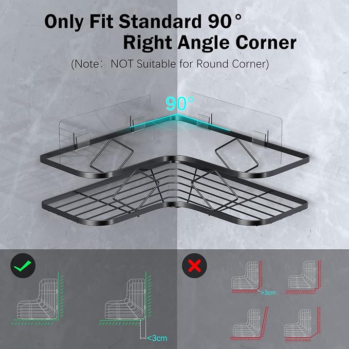 Large Corner Shower Caddy, 2 Pack Adhesive Bathroom Shower Organizer Shelves, No Drilling Rustproof Wall Mounted Shower Storage Basket Shampoo Holder Organizer (Black)