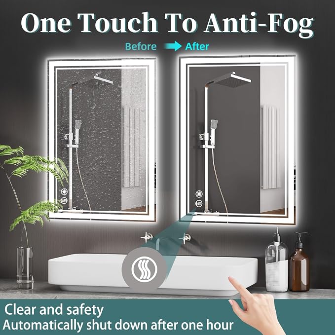 28 x 36'' Bathroom Mirror with Lights, Anti-Fog, Fogless | Dimmable 3 Colors Bathroom Mirror, Touch Sensor, Smart Vanity Mirror, Switch/Plug in Wall Mounted, Horizontal/Vertical