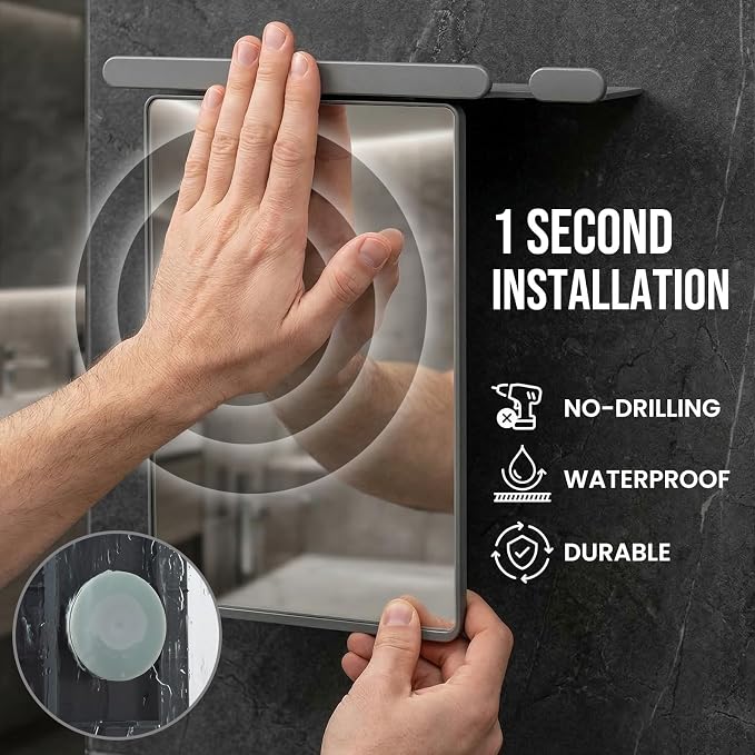 TAILI Shower Mirror Fogless for Shaving,Fogless Mirror for Shower with Tray | Shaving Mirror with Razor Holder, Anti Fog No Drill, Removable, Wall Mounted Bathroom Accessories with Powerful Suction, Grey