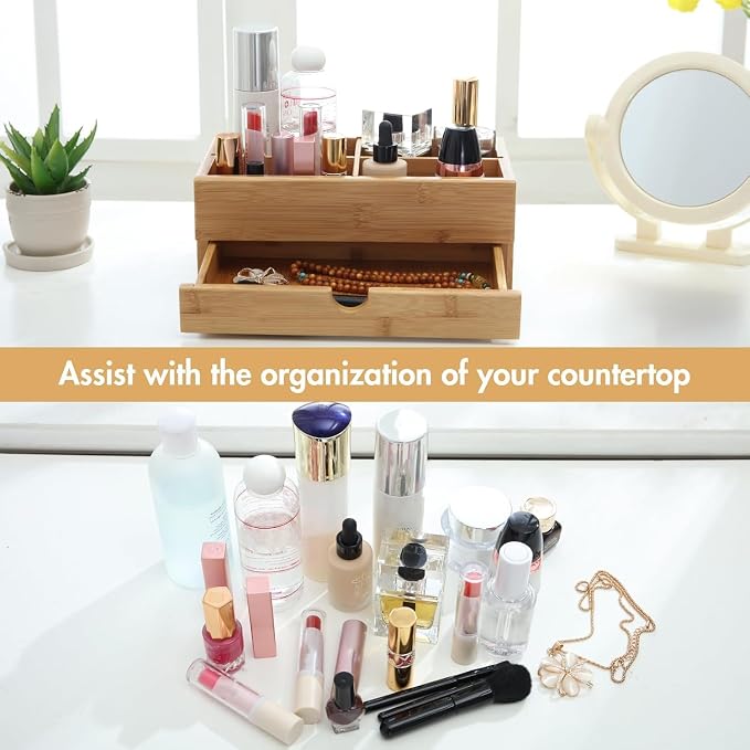 GOBAM Makeup Storage Drawer Organizer Bamboo Wood Cosmetic Display Box, Large Capacity Bathroom Beauty Countertop Organizer, Great for Bathroom Dresser
