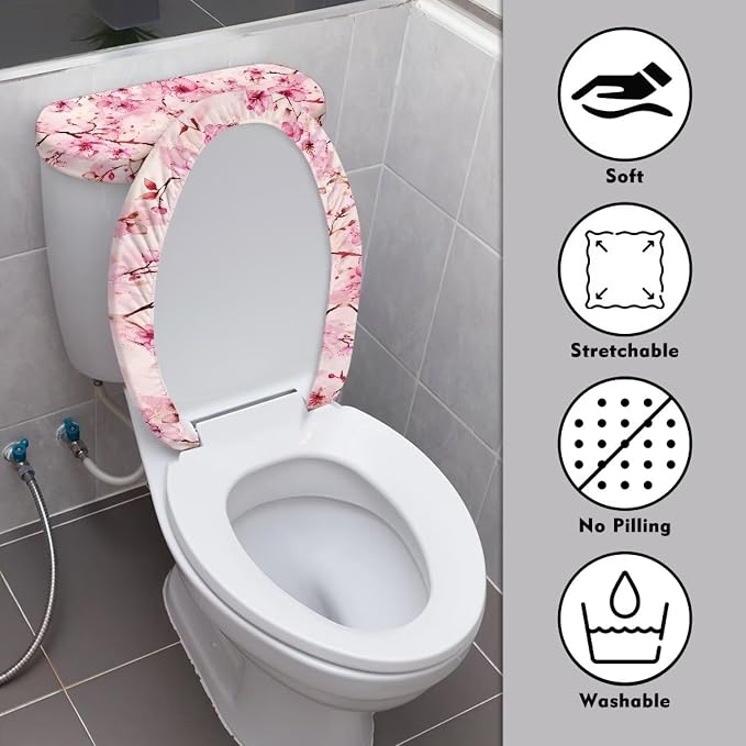 Peach Blossom Toilet Lid Covers for Bathroom Set Soft Toilet Seat Cover Set with Elastic Band Washable Elongated Home Decoration