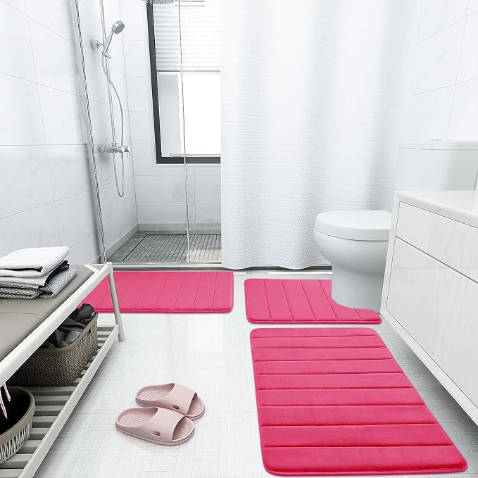 Buganda Memory Foam Bath Mat 24 x 16, Ultra Soft Absorbent Bathroom Rugs | Deep Pink, Machine Washable Quick Dry Bath Mats for Bathroom Floor, Shower and Tub, Home Decor Accessories