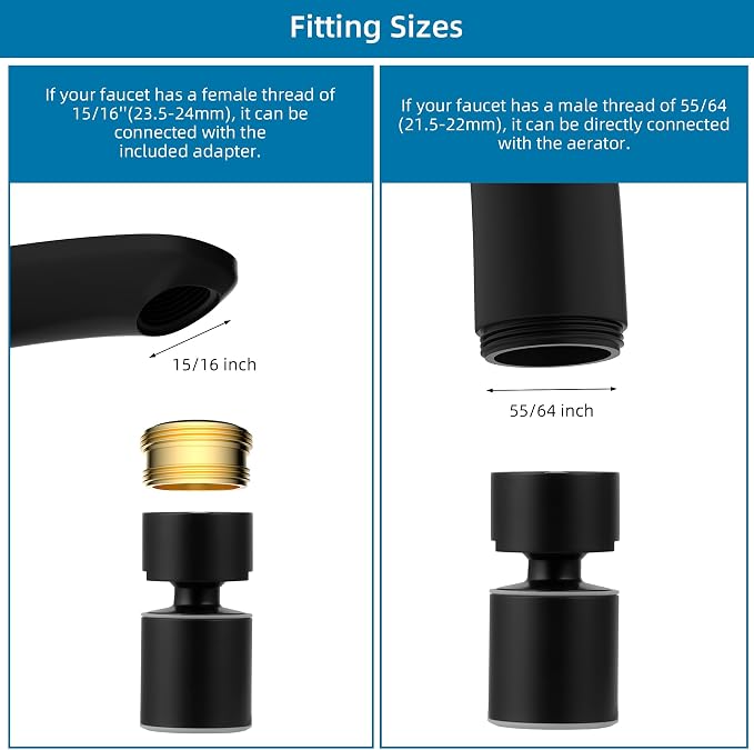 Hibbent NSF/ANSI/CAN 61 Certified Faucet Aerator, CUPC Certification 360° Swivel Kitchen Sink Aerator, 2-Flow Sink Sprayer Attachement, Faucet Replacement Part 55/64 Inch Female Thread - Matte Black