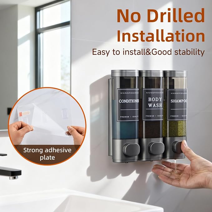 Shampoo and Conditioner Dispenser,Shower Soap Dispenser 3 Chamber No Drill Wall-Mounted for Bathroom & Hotel Leak-Proof Pumps, for Thick Liquids Like Conditioner - 1050ML High Capacity, Gun Gray
