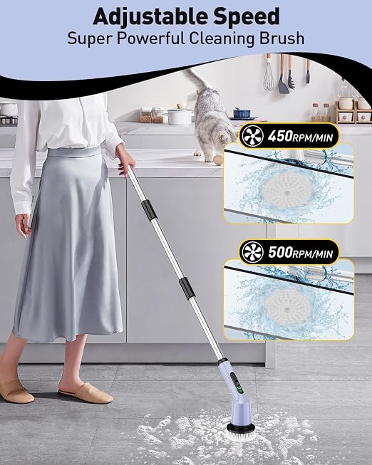 Electric Spin Scrubber, Waterproof Cordless Bathroom Shower Cleaner Brush | 8 Replaceable Brush Heads, 90Mins Runtime, 4 Adjustable Size, 2 Speeds for Shower Bathroom Bathtub Toilet Kitchen Glass Car