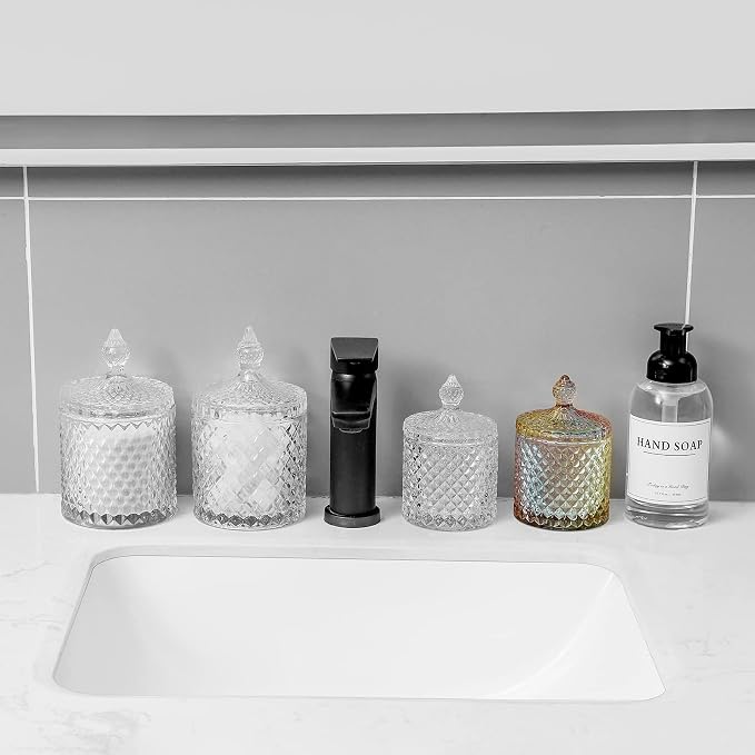 rejomiik Qtip Holder Glass Apothecary Jars with Lid Bathroom Accessories Vanity Organizers and Makeup Storage for Cotton Swabs, Makeup Sponges, Candy, Jewelry, 2 Pack Large Clear