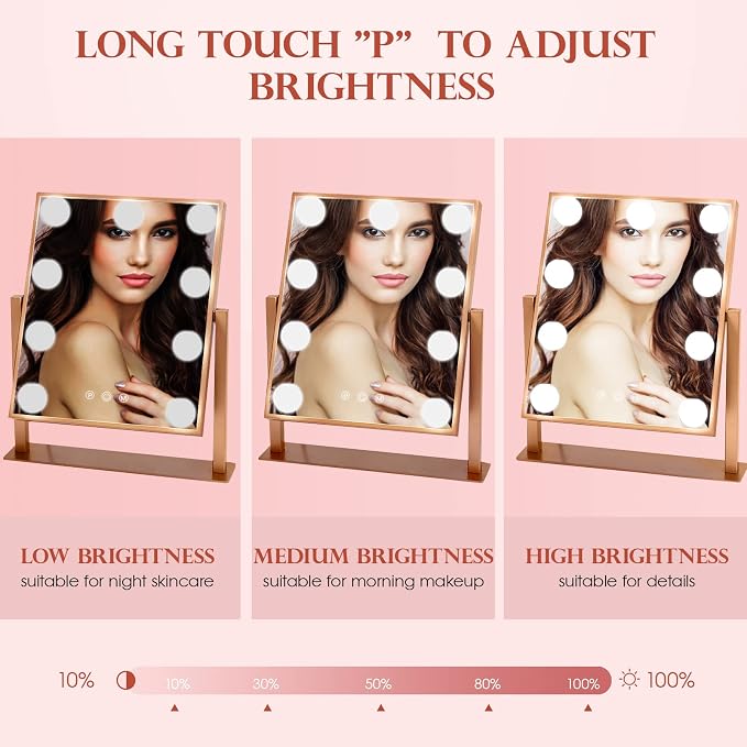 BWLLNI Lighted Makeup Mirror, Rose Vanity Mirror with Lights,9 LED Bulbs | Hollywood Mirror Touch Control Design 3 Colors Dimmable Bulbs Detachable 10X Magnification 360°Rotation