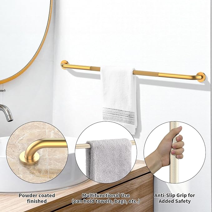 47 Inch Brushed Gold Shower Grab Bar w/Anti-Slip Knurled Grip,YuanDe Stainless Steel Bathroom Grab Bars,Handicap Injury Elderly Senior Assist Support Shower Handle