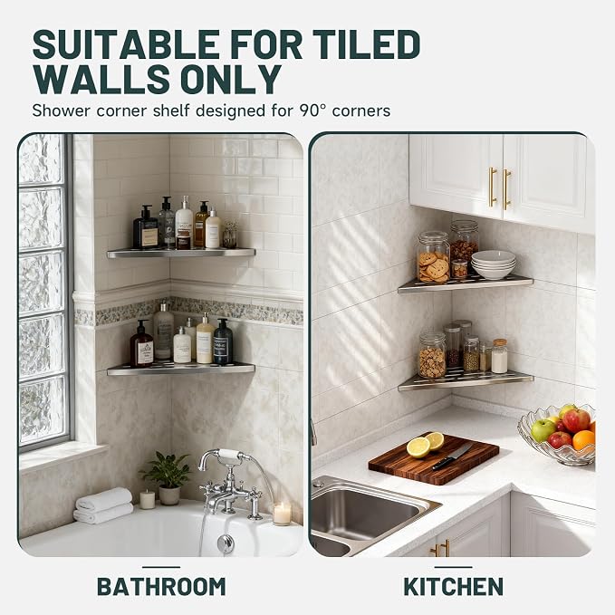 10" Corner Shower Shelf, 304 Stainless Steel Slot Design Bathroom Shower Shelf, Recessed Corner Shelves for Tiled Wall, Brushed Nickel, 2 Pack