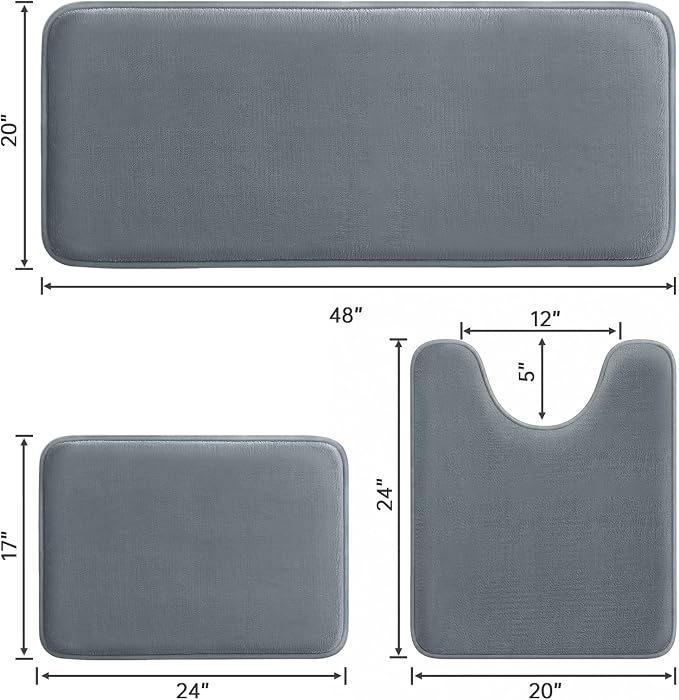 HUXMEYSON 3-Piece Memory Foam Bathroom Rug Set, Grey | Quick Dry Velvet Surface, Non-Slip & PVC Backing, Ultra Soft Bath Rugs for Bathroom, 17"x24"+20"x48"+U Shape 20"x24"