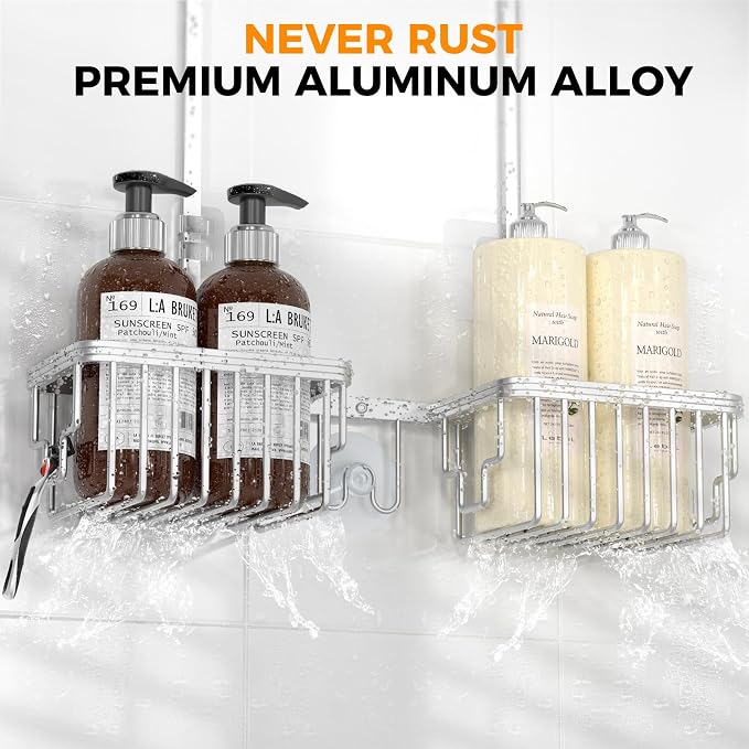 Adjustable Aluminum Shower Caddy Hanging for Handheld Showerhead, Silver | Rustproof Aluminum, Shower Organizer, Anti-Slip, Quick-Drain Shelf, 40lbs Capacity, Suction Cups, 8 Hooks, Razor Soap Holders