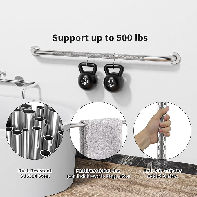 40 Inch Anti Slip Handicap Grab Bars, Munzong Bathroom Grab Bar for Showers, Brushed Nickel Knurled Handicap Balance Bar,Safety Hand Rail Support Elderly Senior Assist Bath Handle